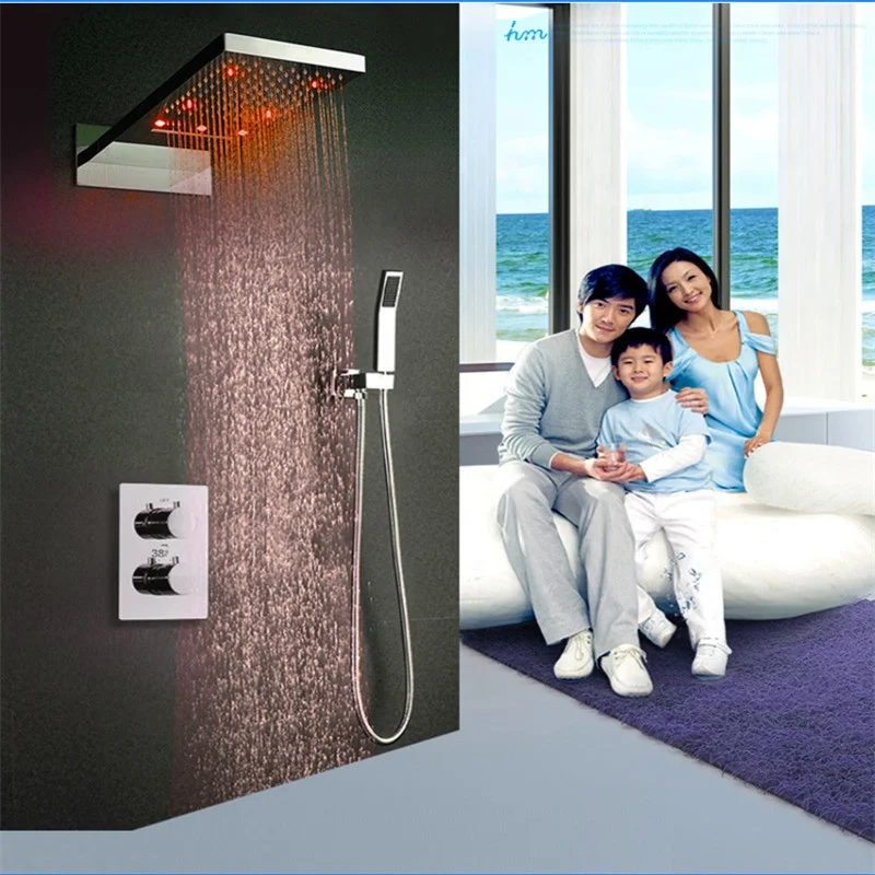 Bathroom Luxury LED Shower Faucet Set Rainfall Waterfall Shower Head With Thermostatic Shower Mixer Diverter Valve Set