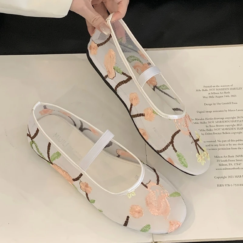 

Дизайнерские балетки с вышивкой, женские дышащие повседневные пляжные сандалии с сеткой, женские модные туфли Мэри Джейн с круглым носком