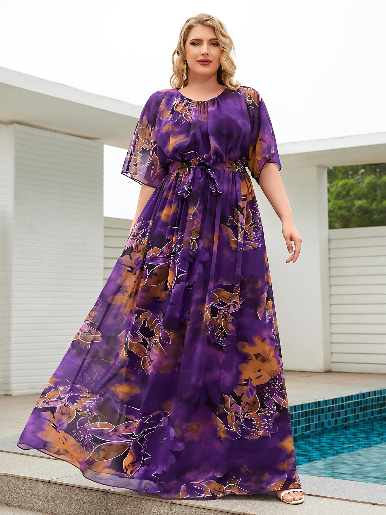 

UNITHORSE Watercolor Print Random Cut Back V-Neck Pleated Full-Skirt Gown