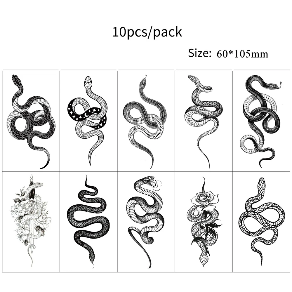 10pcs Snake Pattern Tattoo Stickers Waterproof Black Snake Temporary Tattoos For Women Men Body Art Disposable Fake Tattoo