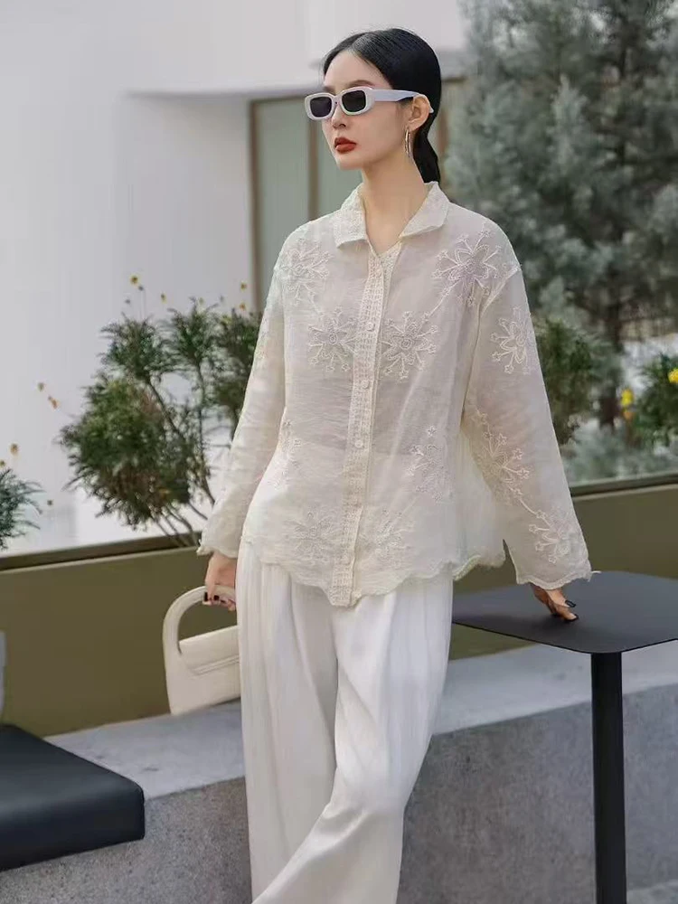 

Весенняя французская однотонная хлопковая рубашка с вышивкой для женщин, одиночная рубашка с воротником с пряжкой, свободный топ в художественном стиле, модный C410