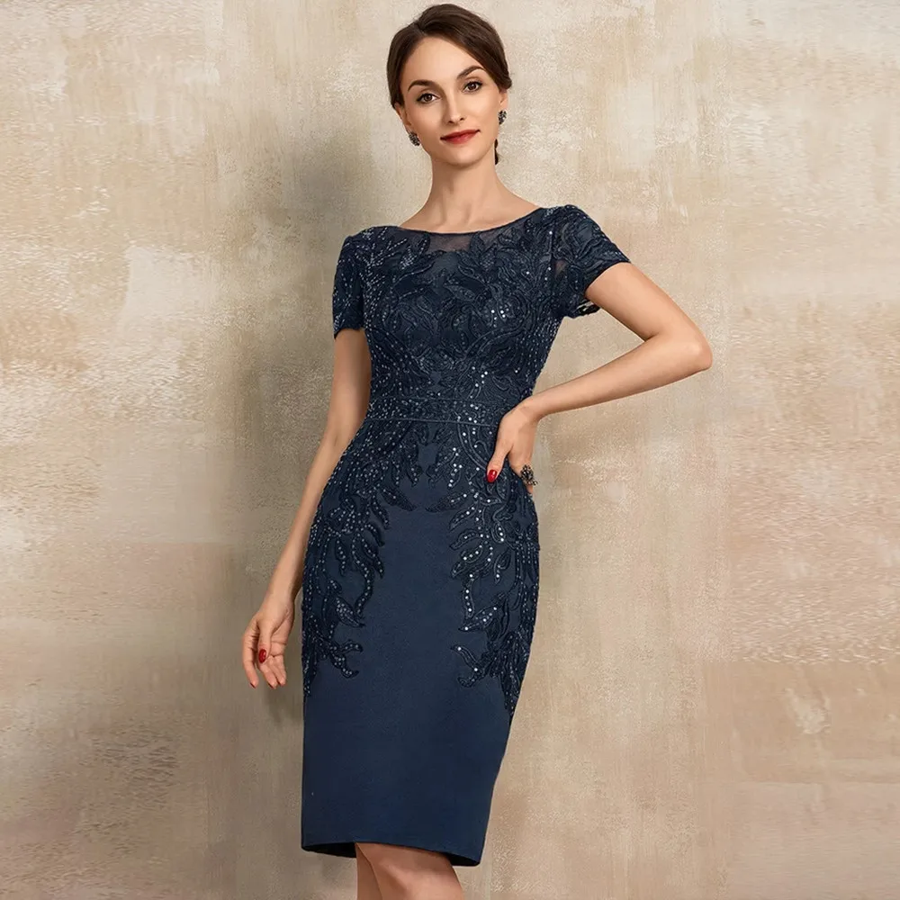 Elegante Navy Blau Gerade Mutter Der Braut Kleid Für Frau Mit Kurzen Ärmeln Vintage Bräutigam Mom Hochzeit Party Kleid Knie länge