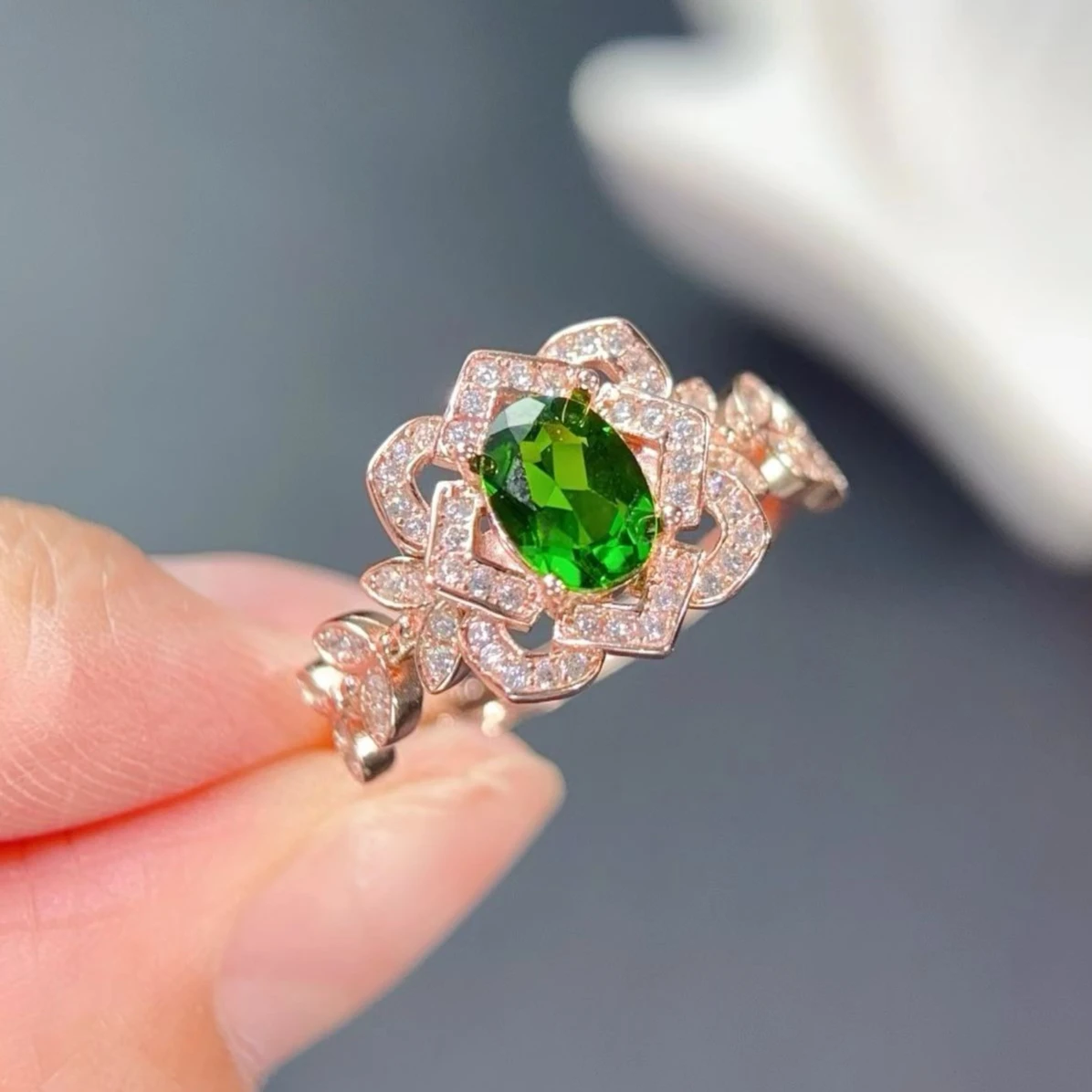 Vintage 925 Silver Gemstone Ring 5x7mm 0.7ct Natural Diopside Ring with Certificate Gold Plated Silver Chrome Diopside Jewelry