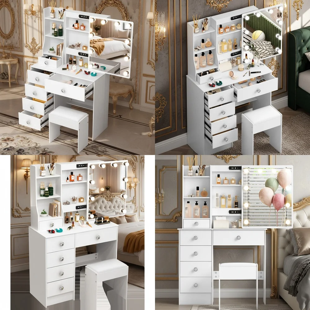 Tocador de maquillaje Juego de mesa de tocador LED con espejo de almacenamiento y taburete para amantes del maquillaje Regalo de Navidad perfecto