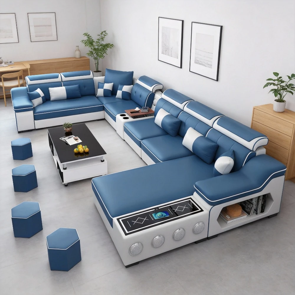 

Современный секционный диван MINGDIBAO из ткани с оттоманкой, Bluetooth-колонками и USB-портами для зарядки для гостиной