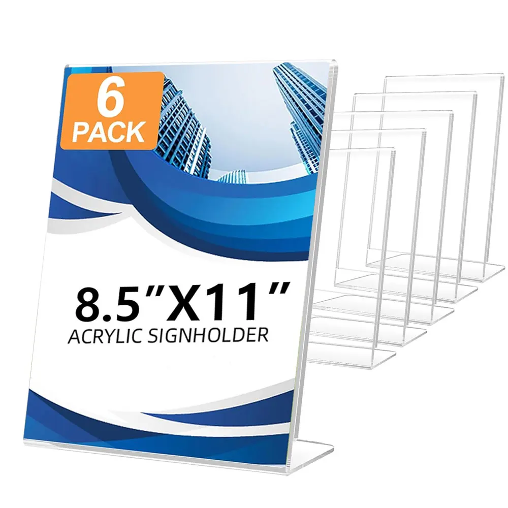 6-Pack 8.5 x 11 Inch Clear Acrylic L-Shaped Sign Holders with Side Opening, Tabletop Stands for Menus, Photos, Retail and Office