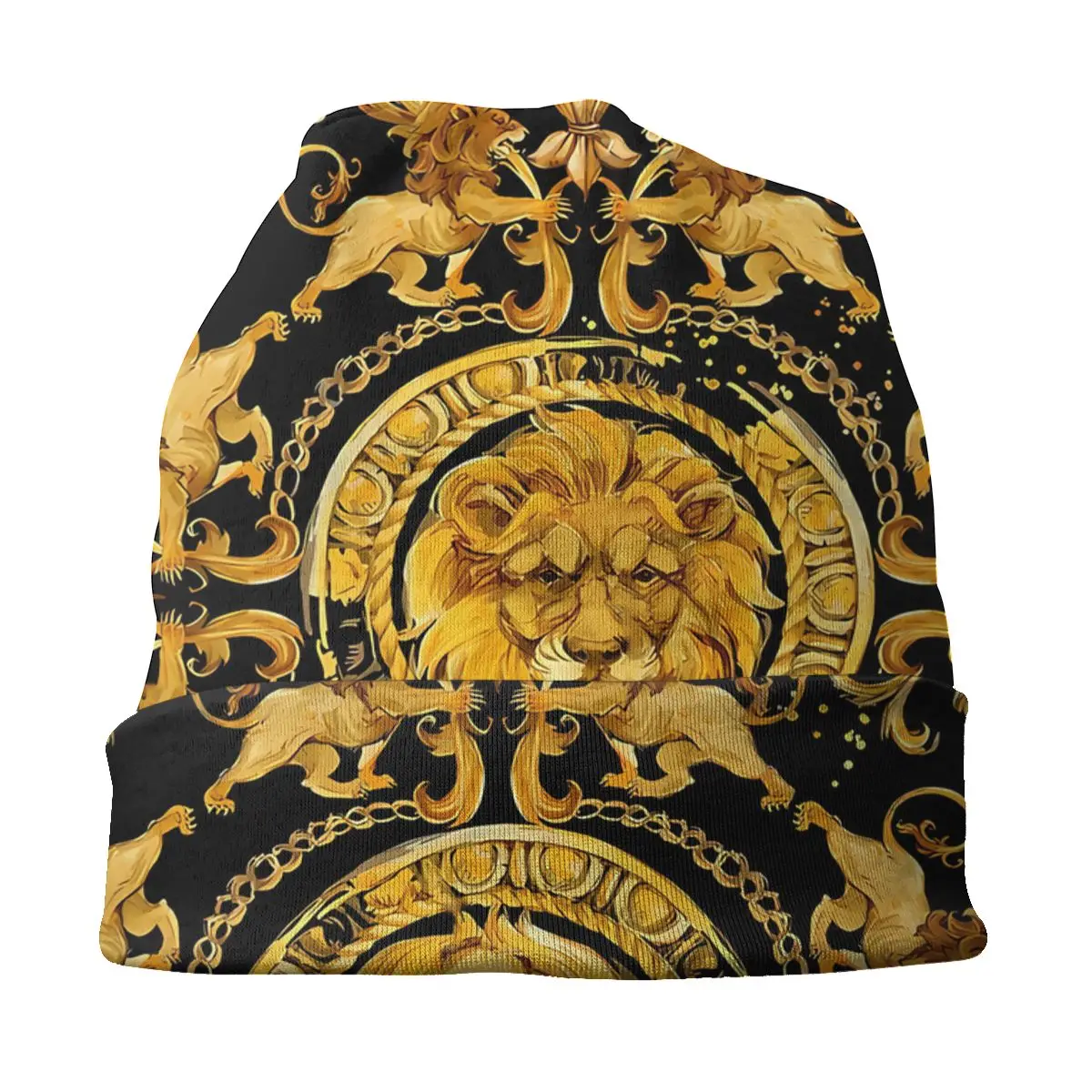 Golden Lion And Damask Skullies Beanies Fashion Hats Luxury Design Thin Bonnet Special Caps Men Women\'s Earmuffs