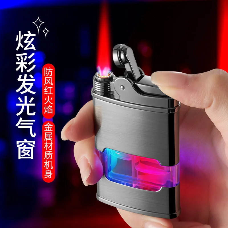 Creative Flashing Fuel Tank Gas Lighter Metal Transparent Windproof Red Flame Direct Injection Butane Gas Lighter