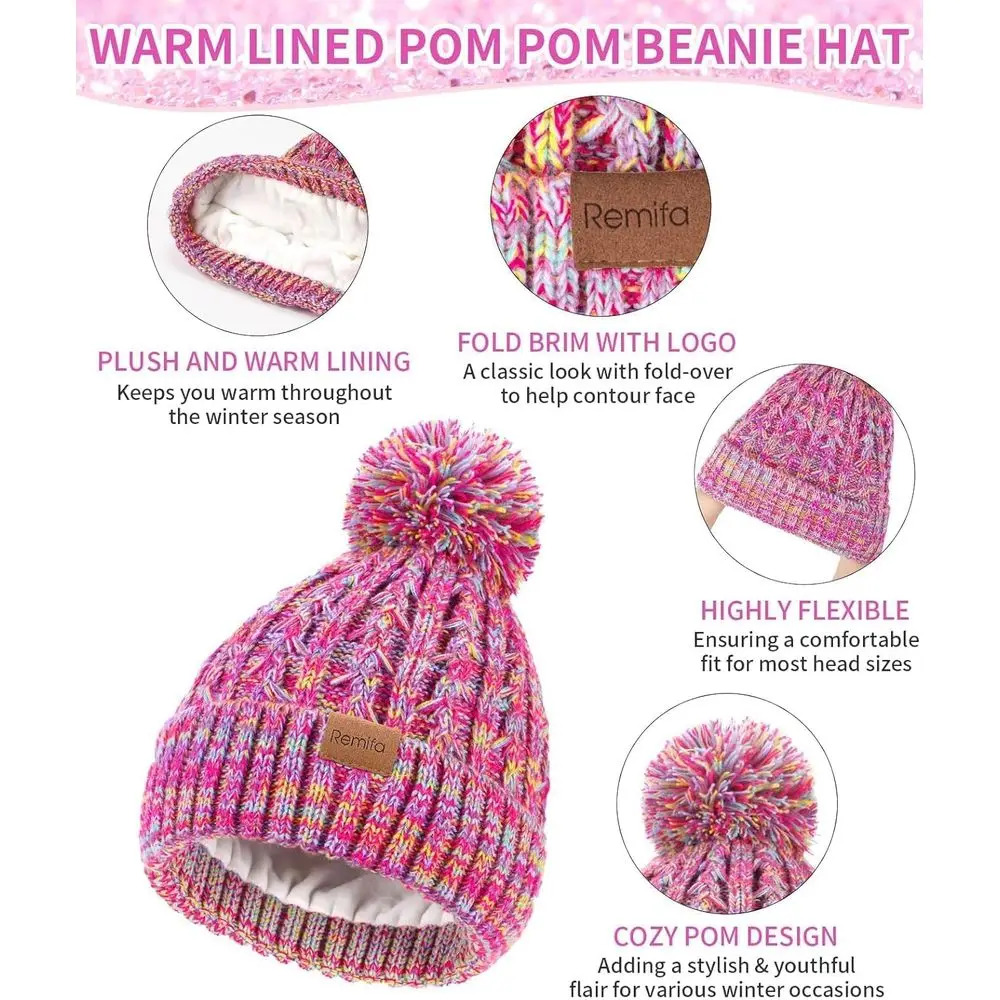 طقم قبعة بوم بوم شتوية مبطنة بالصوف وقفازات ووشاح للأطفال - هدية مثالية لعيد الميلاد