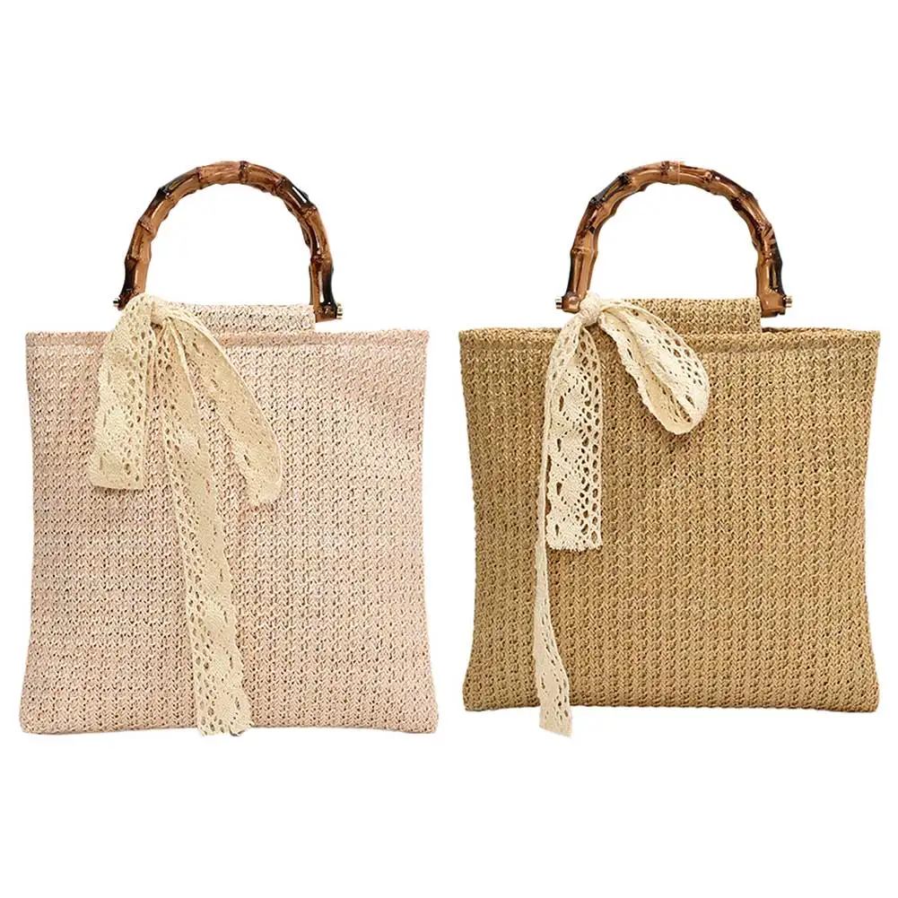 

Women Straw Woven Handbag Handmade Straw Bag Large Capacity Tote Clutch Bags with Bamboo Handle for Outdoor Travel