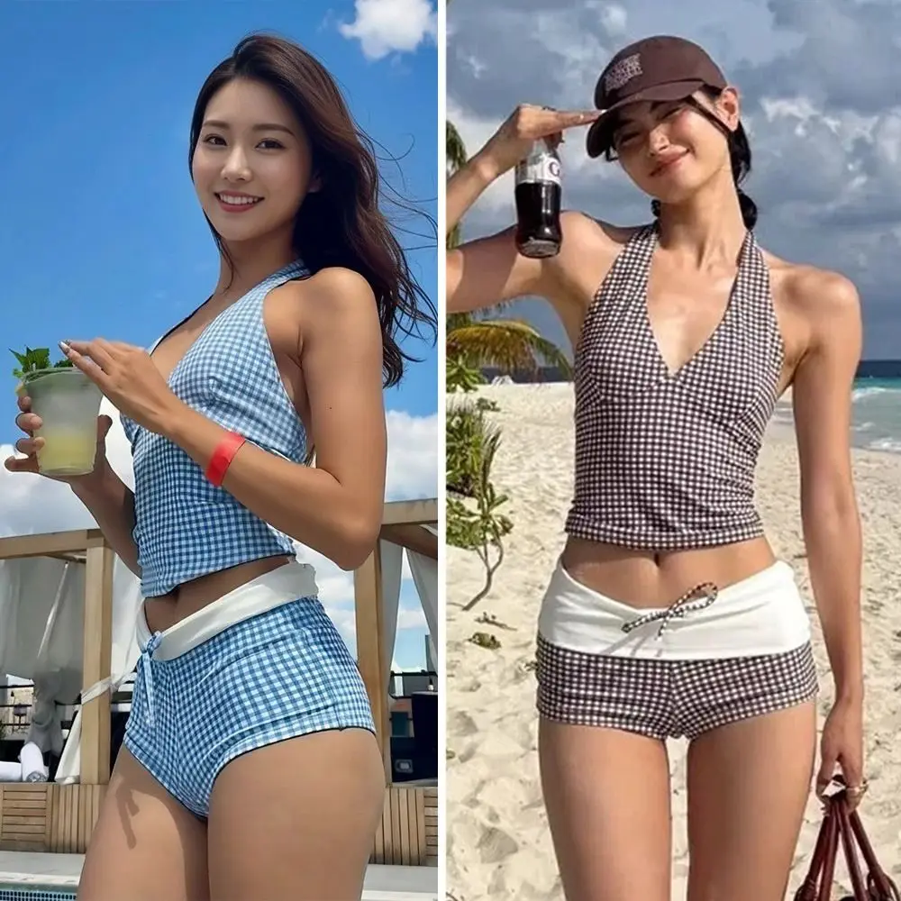 

Комплект из 2 предметов: модный летний купальник-бикини с глубоким V-образным вырезом, пляжный купальник с высокой талией, в клетку, с открытой спиной