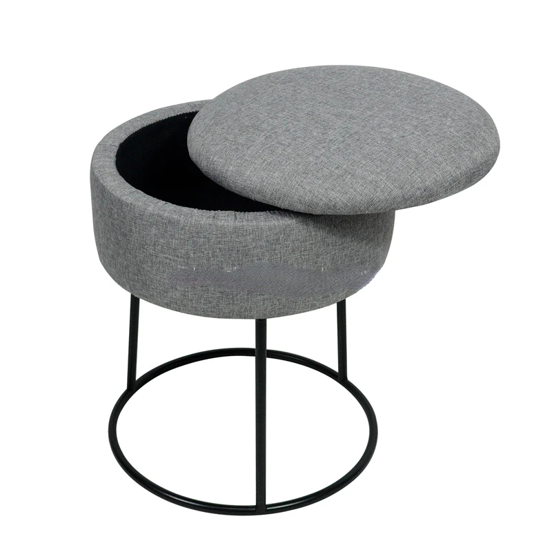 Living Room luxury Round Fabric Stool Grey Storage Ottoman Stools