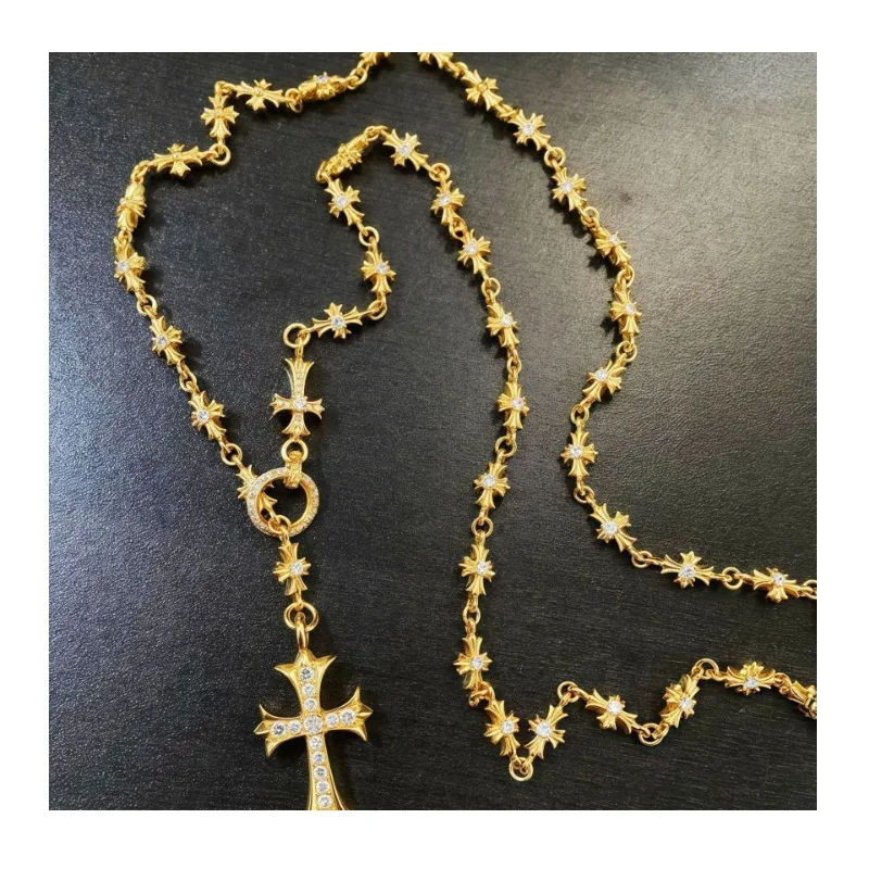 

New Electroplated Gold Retractable Cross Diamond Necklace Personalized Punk Adjustable Couple Sweater Chain
