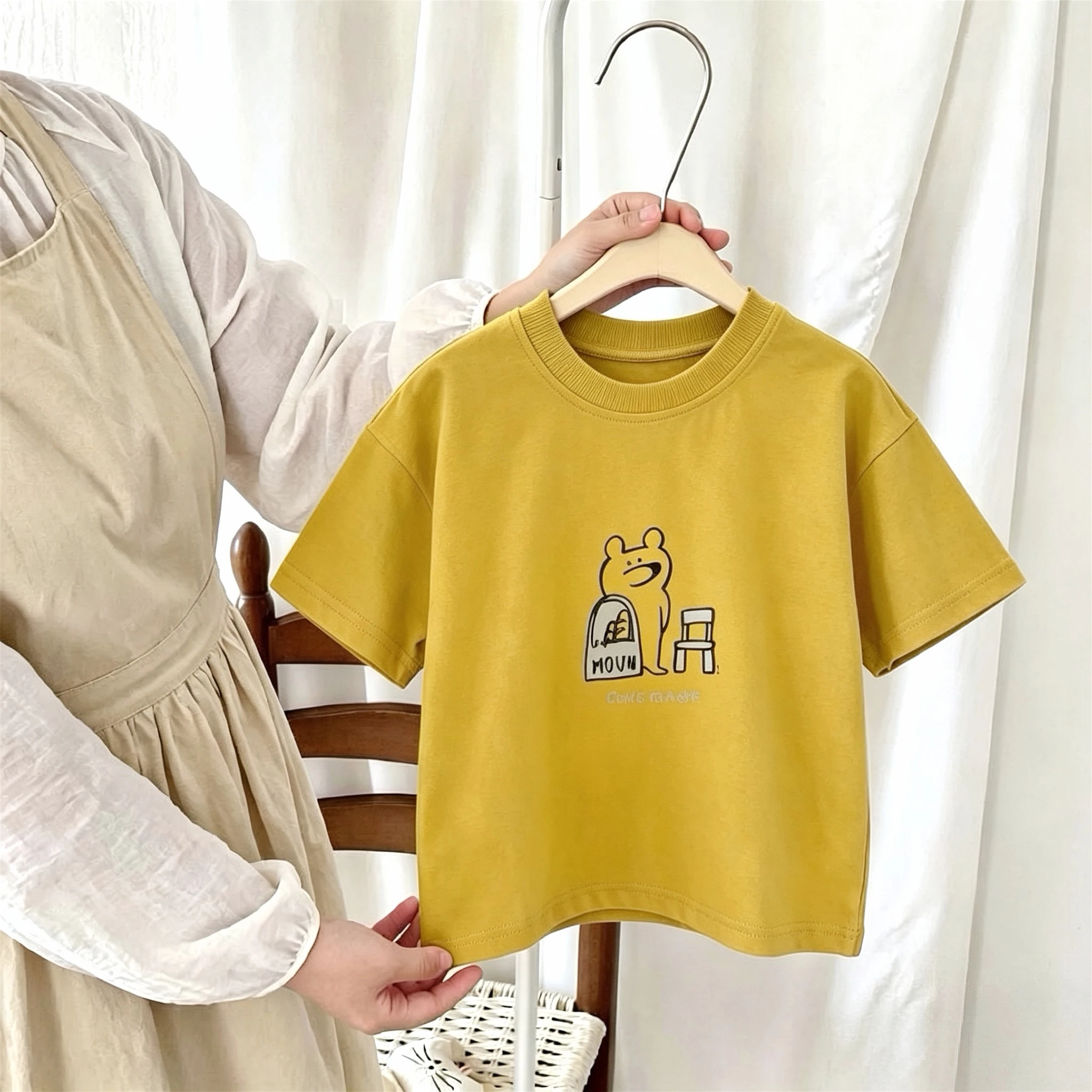 Solid Color Printed Cartoon Tshirts For Children's Wear Tops Summer Clothes 1-7 Age Girl Boy Simple Popular Round Collar T-shirt