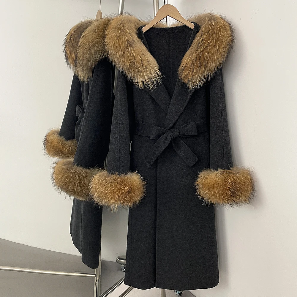 Elegant Women's Woolen Coat Real Fur Jacket Women Belt Real Fox Fur Coat Woolen Fashion Long Wool Jacket Hooded Clothes Female