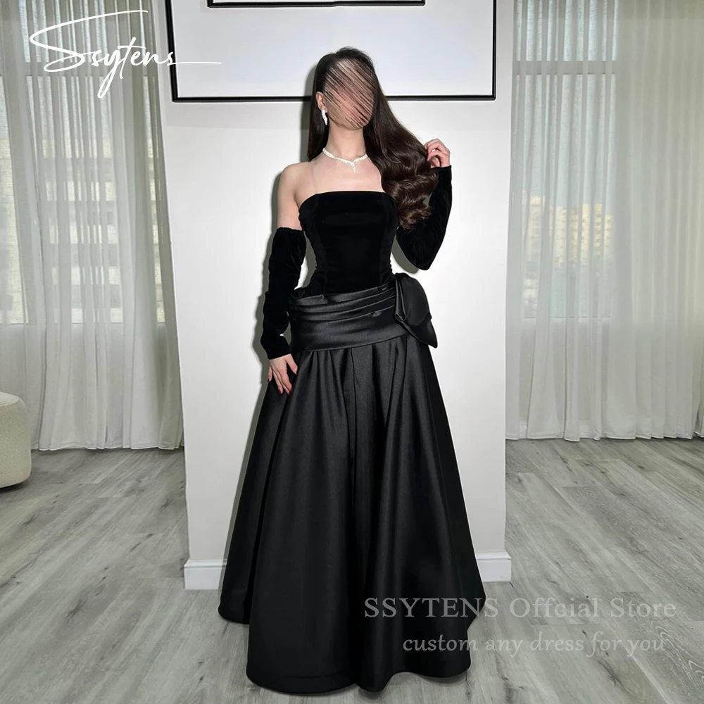 

SSYTENS Customized Black Velour Satin Prom Dresses Bow Pleated Women's Birthday Occasion Party Long Formal Evening Gowns 2026