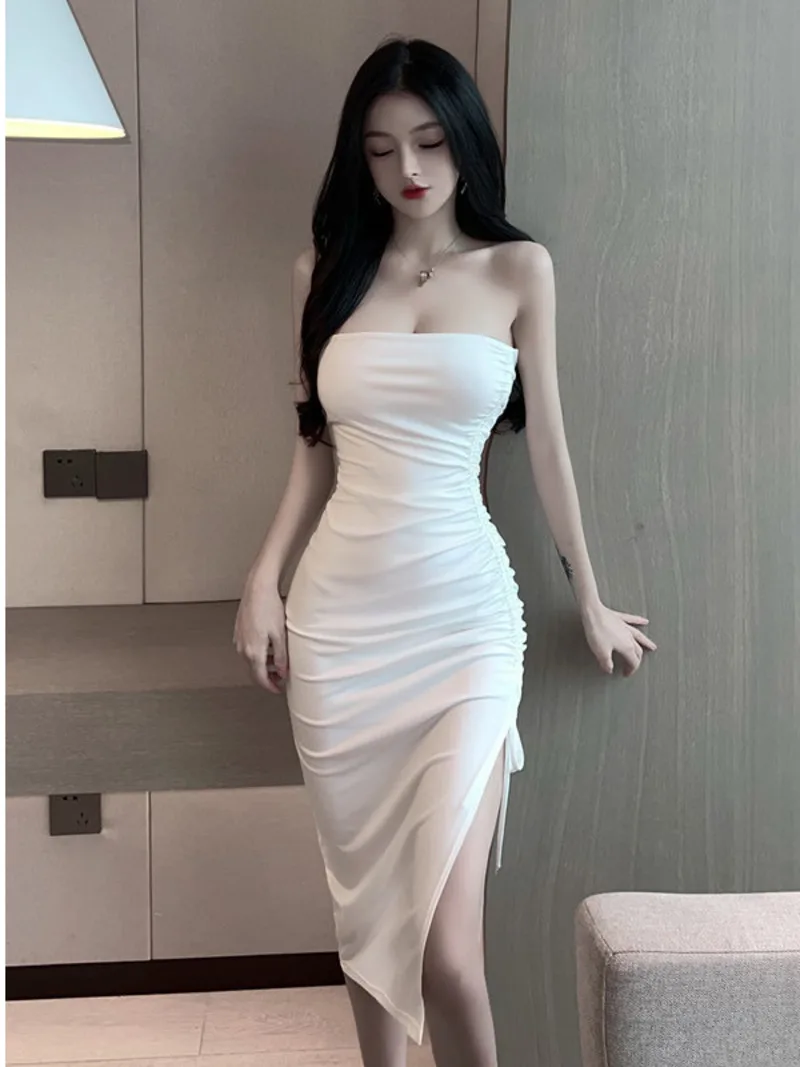 

2023 Summer Women's Sexy Temperament Pleated Wrapped Chest backless Tight Solid Color Wrap buttocks Split Mid length Dress CAQM