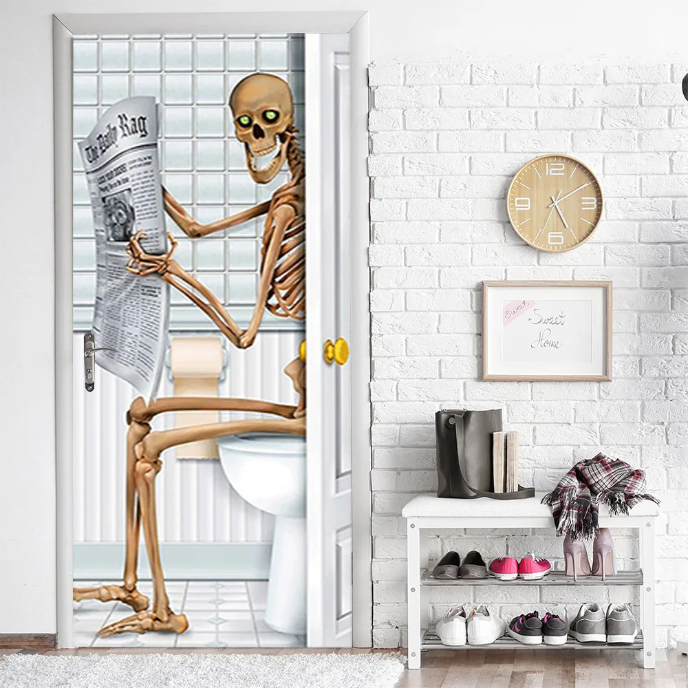 Halloween decorations, props, skeletons, horror bombs, and posters on the doors of the day of the dead