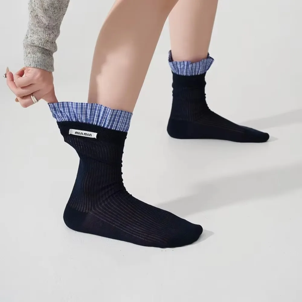 

Kawaii Plaid Spring Socks Breathable Lace-up Knitted Socks Thin Lolita Leg Socks Lolita