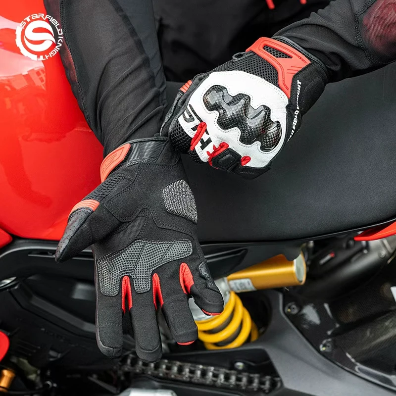 SFK Full Finger Motorcyle Gloves Carbon Fiber Joint Protection Gears Summer Breathable Real Goat Leather Non-slip Wear-resistant