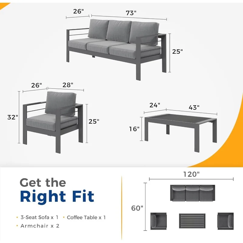 5 Pcs Set w\Aluminum Outdoor Patio Furniture Set, Modern Patio Conversation Sets, Outdoor Sectional Metal Sofa