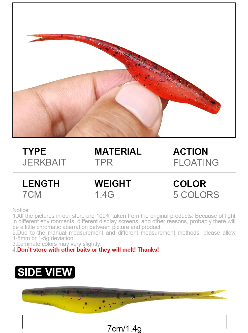 Spinpoler 10 Stück Split Tail Jerk Minnow 7cm TPR Schwimmender Weichplastik-Jerkbait Angelköder Dropshot für Texas Carolina Rig Tackle – Detail 2
