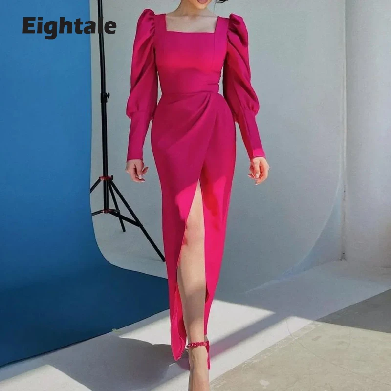 

Eightale Fushcia Evening Dress for Wedding Party Dubai Long Sleeves Side Split Pleats Elegant Arabic Mermaid Prom Gowns