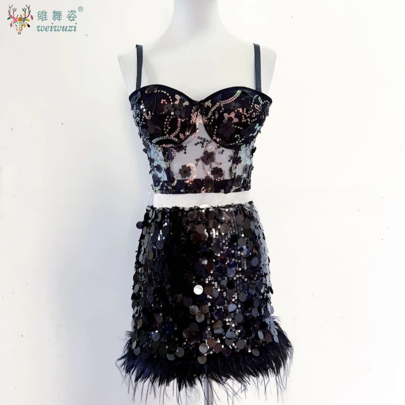 

Female Ensemble Costumes Korean Dance Kpop Singing Sparkly Sequin Strapless Two Piece Set Nightclub Singer Dancer Stage Costume