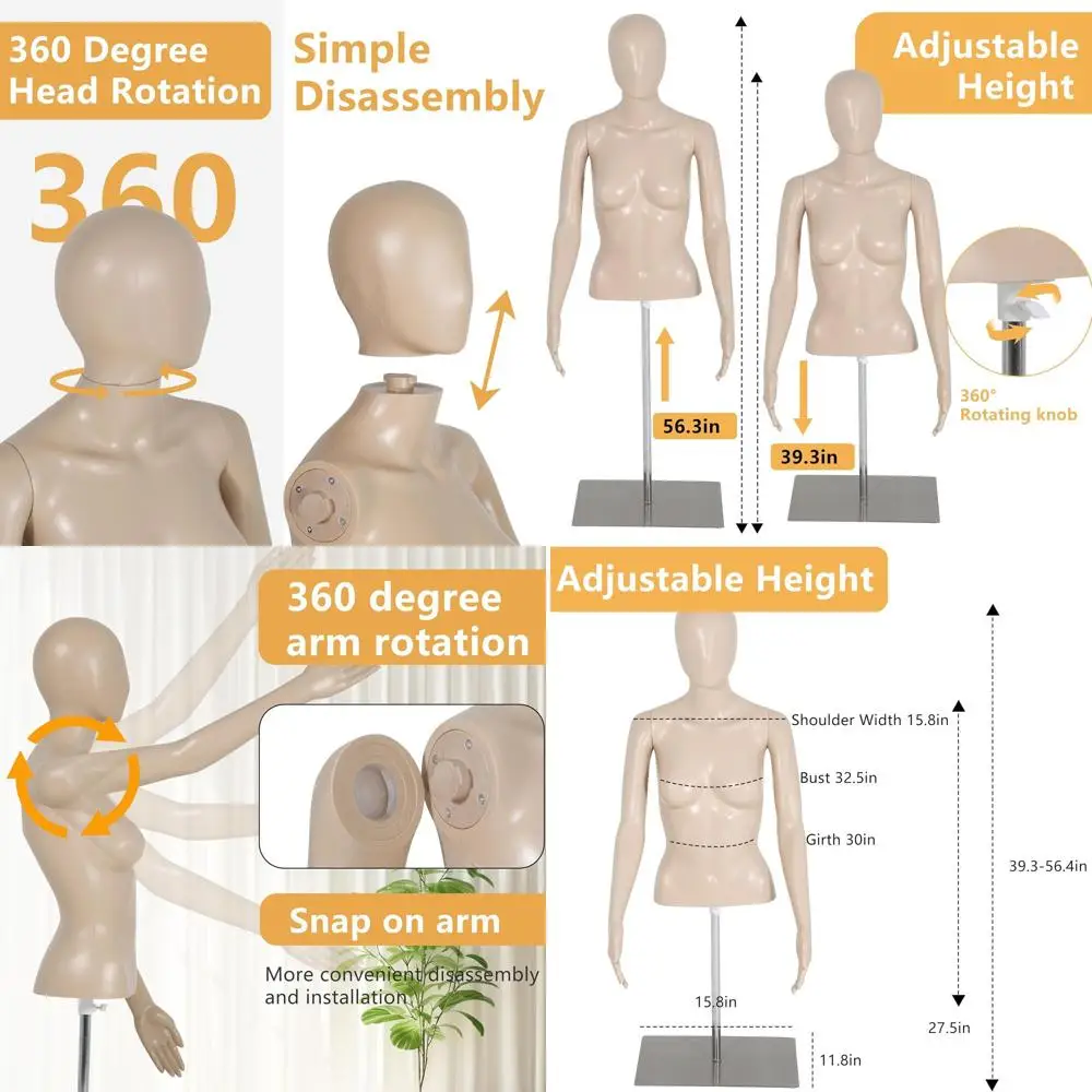 

Adjustable Half-Body Sewing Mannequin, 39-56 Inch, Metal Base for Clothing Display