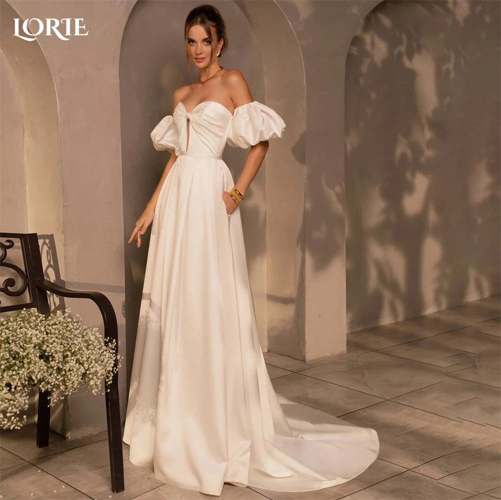 

LORIE Elegant Satin Wedding Dresses Off Shoulder Pleated Sweetheart A-Line Backless Bridal Gowns Puff Sleeves Bride Dress 2023