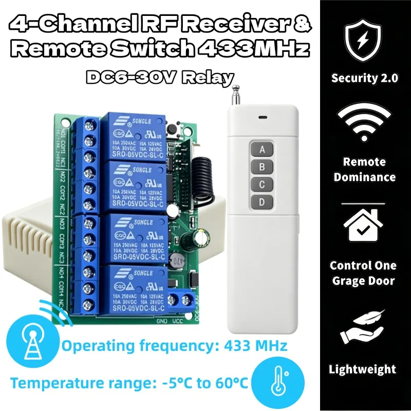 433MHz Universal Wireless Remote Control Switch DC 6V 12V 24V 10A RF Receiver,50m Transmitter,for Garage Door Motor Lamp DIY