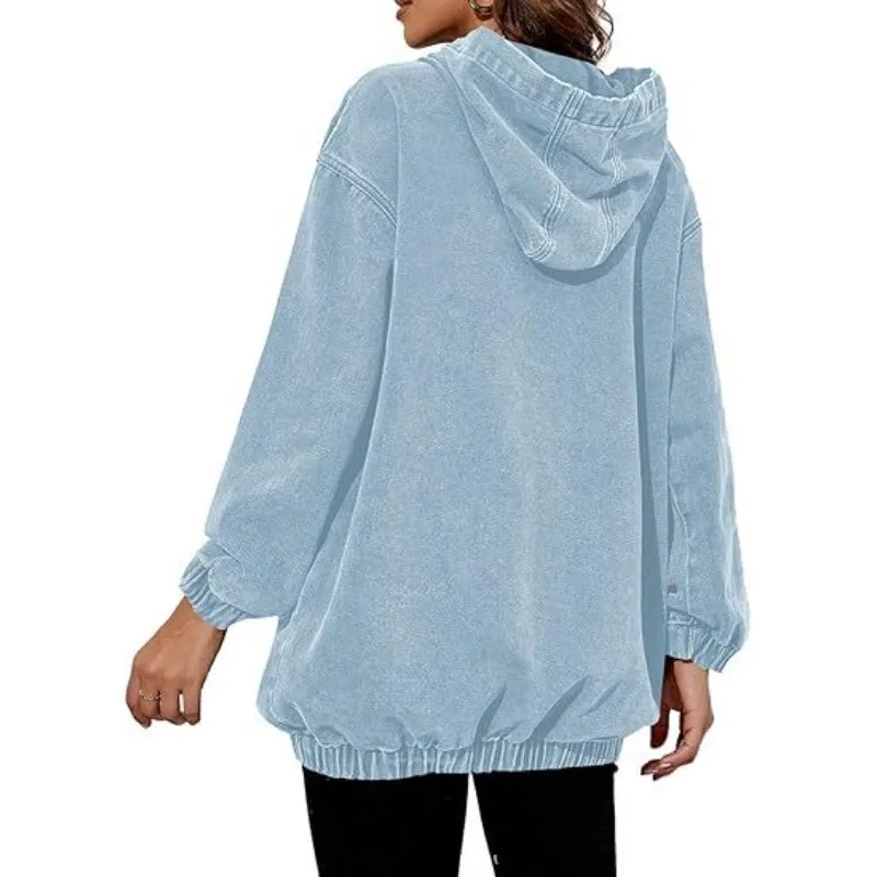 Autumn Winter Loose Fit Denim Women Hoodie Sweatshirt  Washed Out Jacket Retro Style Cotton Women's Casual Streetwear