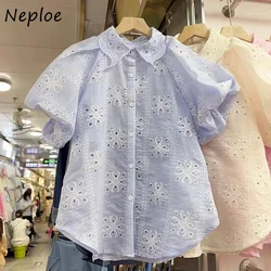 Neploe 2024 Summer New Lapel Neck Blouses Vintage Embroidery Hollow Out Shirts Women Y2k Puff Sleeve Loose Blusas Mujer