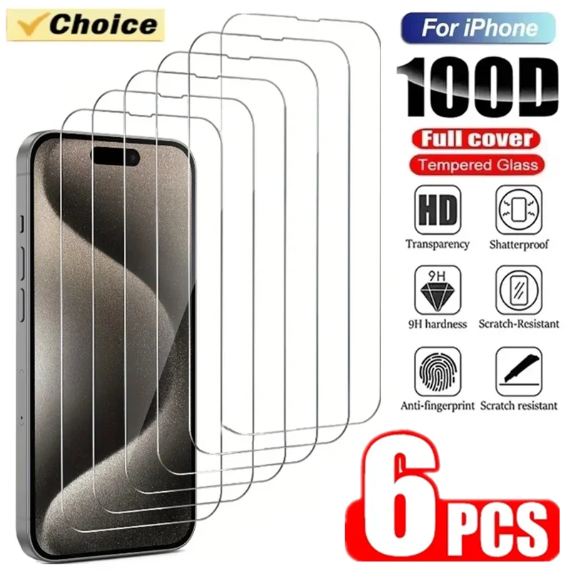 

6Pcs 9H Tempered Glass For iPhone 15 13 11 14 Pro Max 12 Mini 8 Plus Screen Protector For iPhone 11 X XR XS MAX Protective Glass