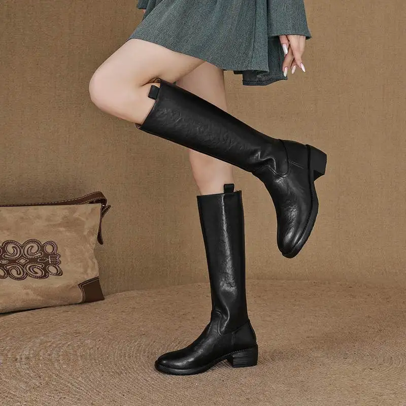 Krazing Pot Genuine Leather Round Toe Vintage Med Heels Equestrian Boots Winter Shoes Women Street Wear Slip On Thigh High Boots