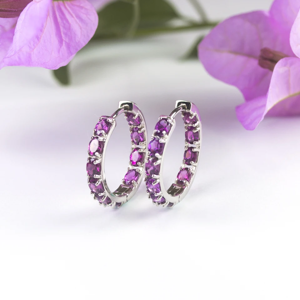 Bolai Natural Rhodolite Garnet Hoop Clip Earrings Real 925 Sterling Silver 4*3mm Gemstone Jewelry for Women Wife Girlfriend Gift