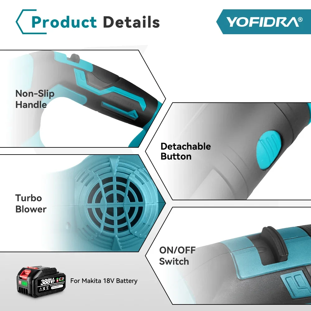 Imagem -04 - Ventilador Elétrico sem Fio Poderosa Indústria Doméstica Folha Sopro de Neve Soprador de Poeira Ferramenta Elétrica de Jardim para Makita 18v Bateria 2000w