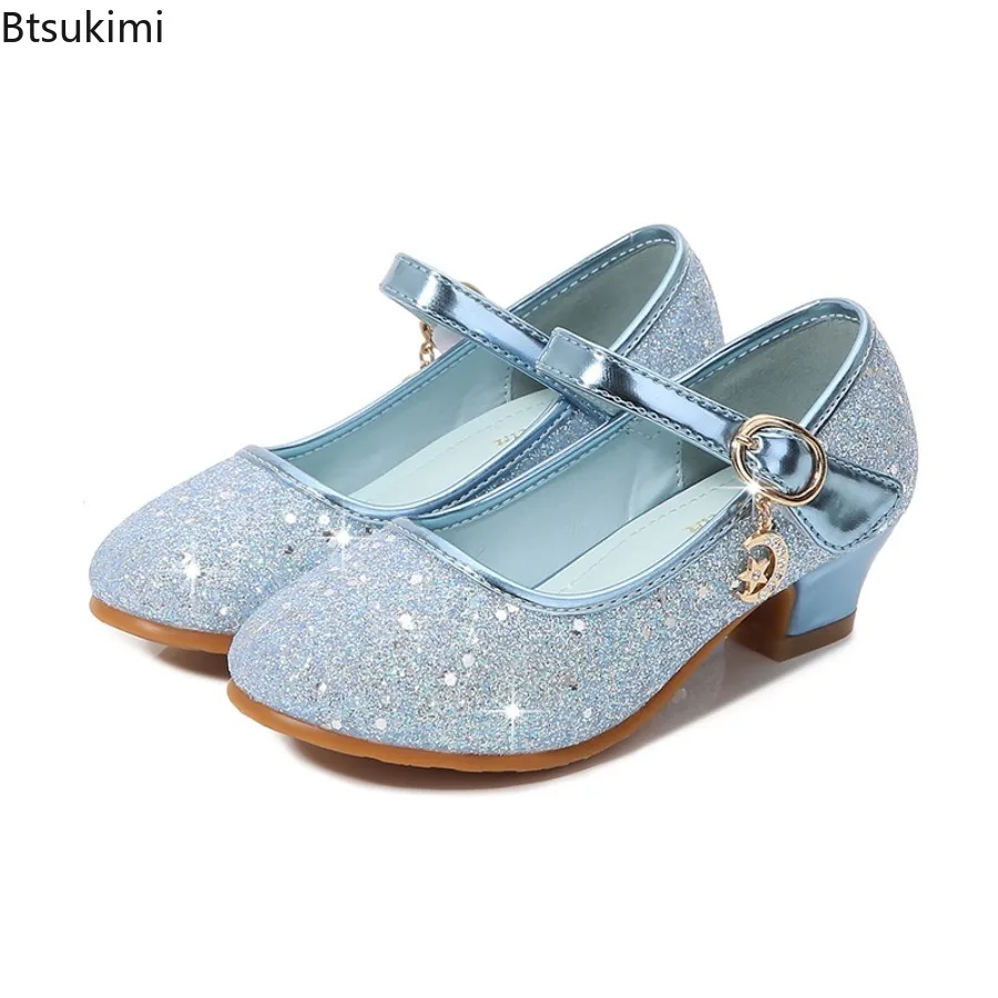 Girl's High Heel Shoes Sequins Versatile Children's Leather Shoes Princess Wedding Party Versatile Kids Causal Dresses Shoes