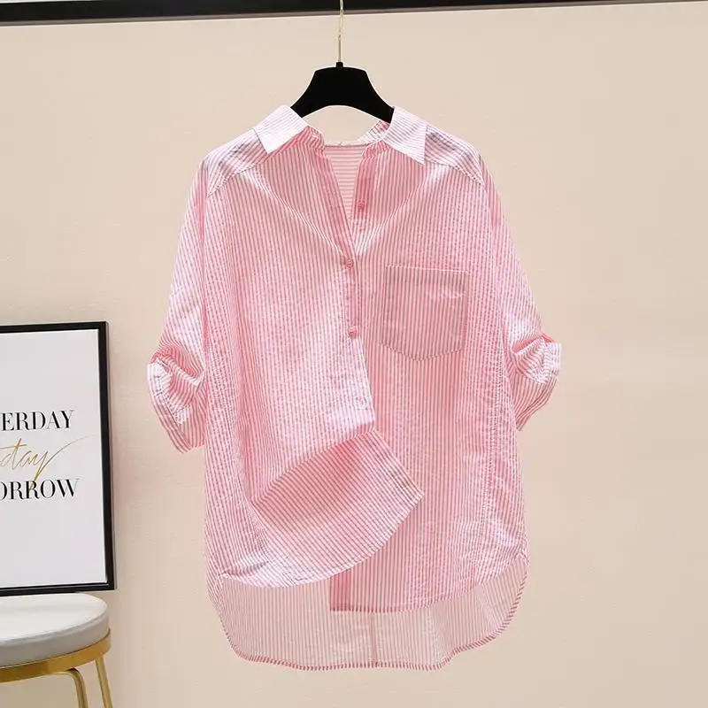 

Pink Striped Cotton irt Women's Single ket Loose Fit Five Sve Length Cotton 00% Non-sinkage Summer 2024