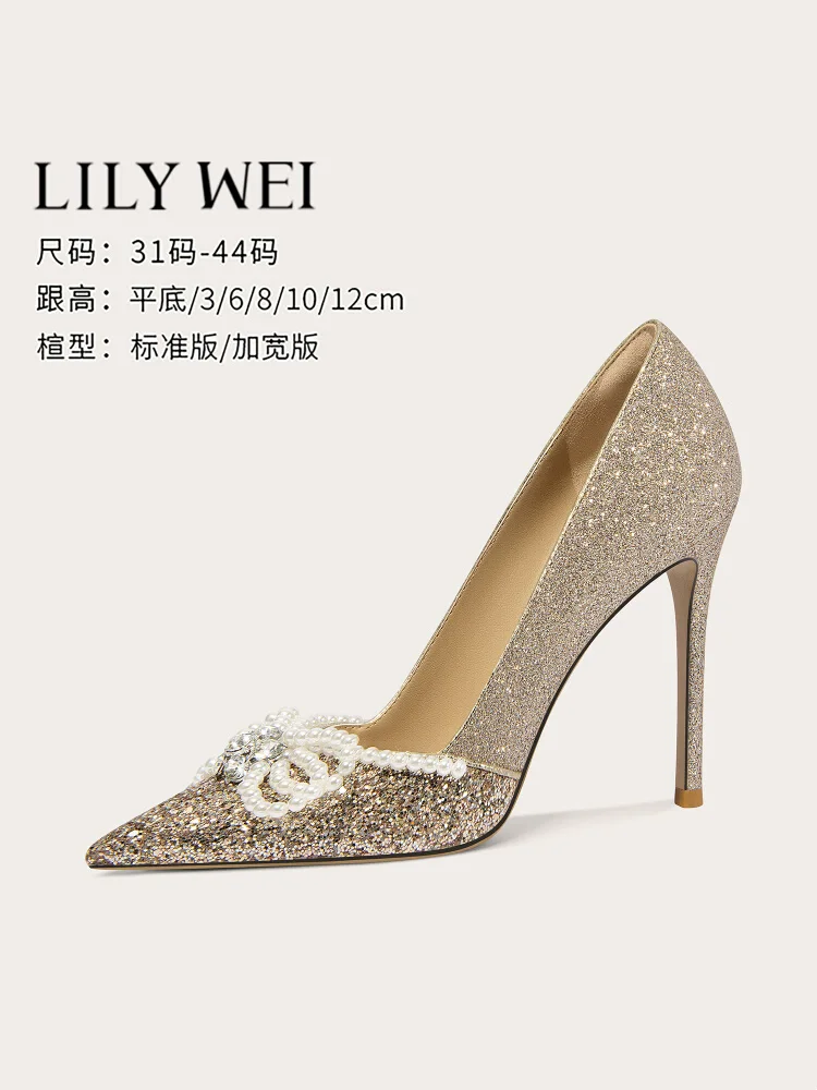 

Spring sequin rhinestone pearl bow flat single shoes thin high heel waterproof table banquet large size small size women's shoes