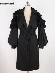 Mauroicardi Spring Khaki Long Trench Coat for Women with Ruffled Sleeve Belt Elegant Chic Modest Luxury Black Overcoat 2025