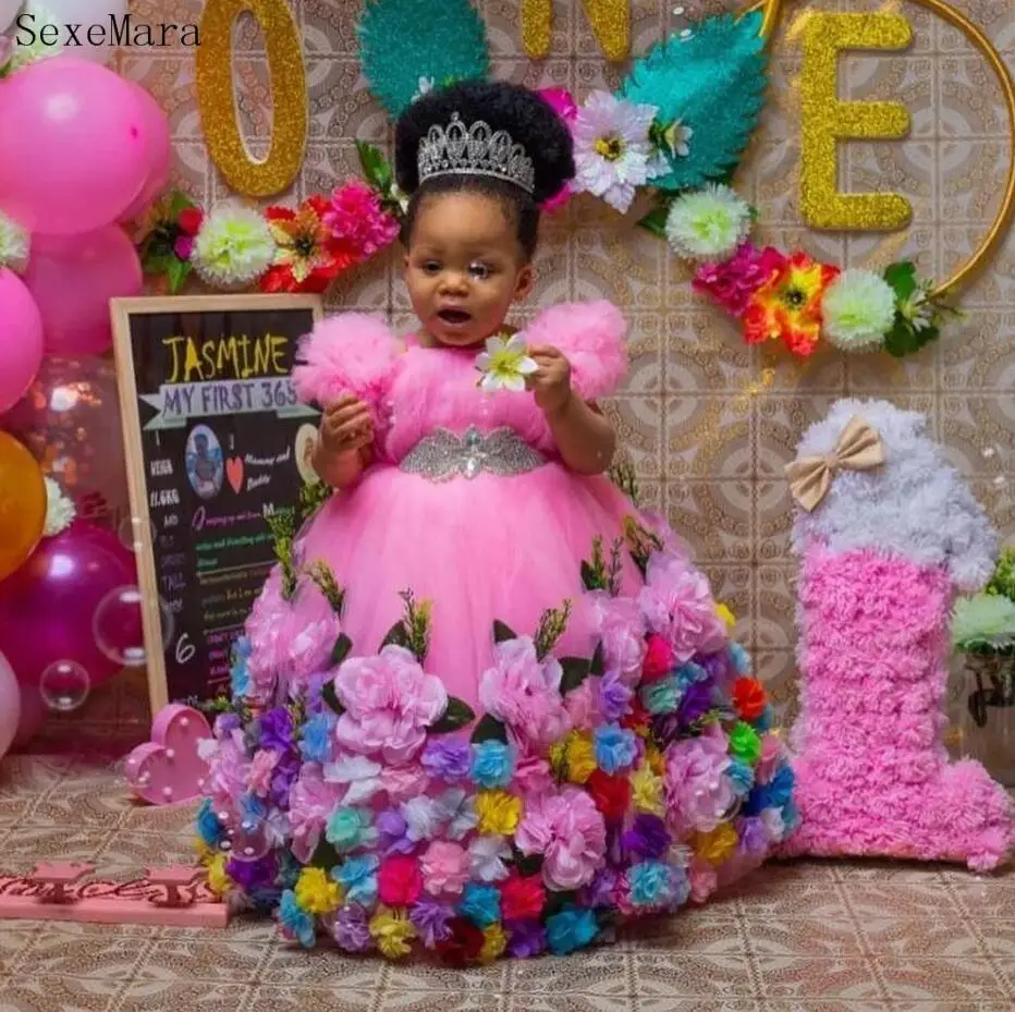 

Pink Ball Gown Girls First Birthday Dress Beaded Sash Princess Flower Girl Dress Floor Length Tulle Christmas New Photoshoot