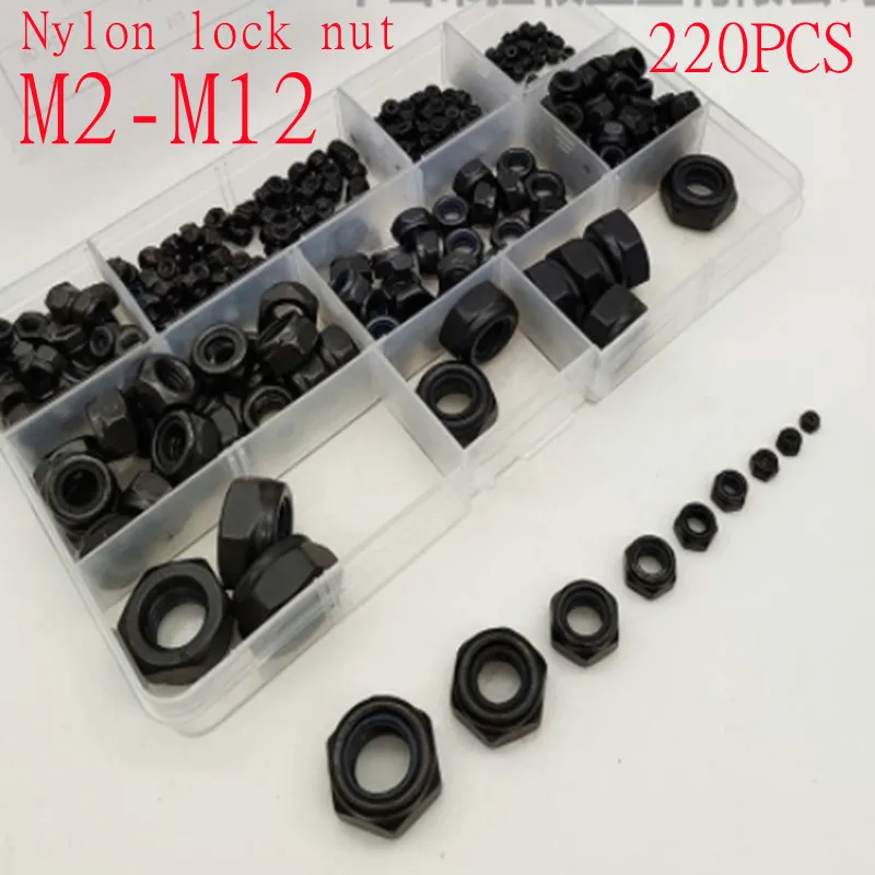 100-220pcs DIN985 M2-M12 Stainless Steel or black steel Hex Nylon Self locking Nut Assortment Kit