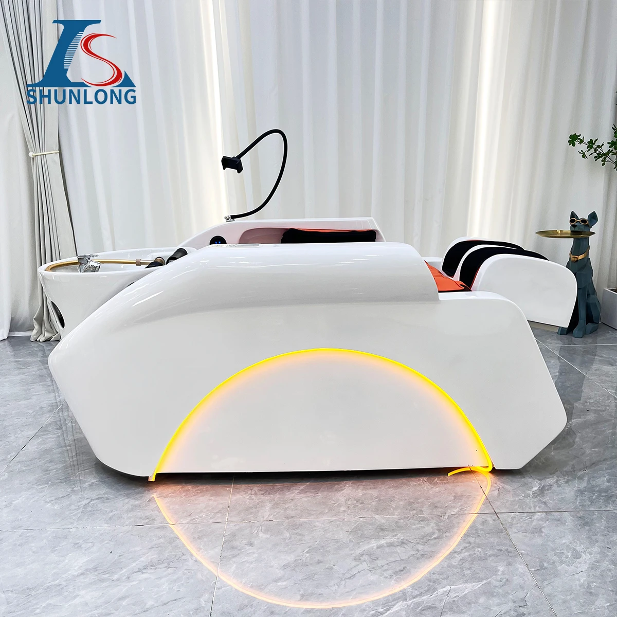 Electric Shampoo Bed White Shell With Orange Cushion LED Light Head Spa Water Circulation Hair Washing Chair for Hair Salon
