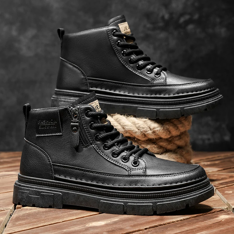 Fashion Casual Shoes for Men Outdoor Leather Board Shoes Comfortable Platform Ankle Short Boots Slip on Male Walking Sneakers