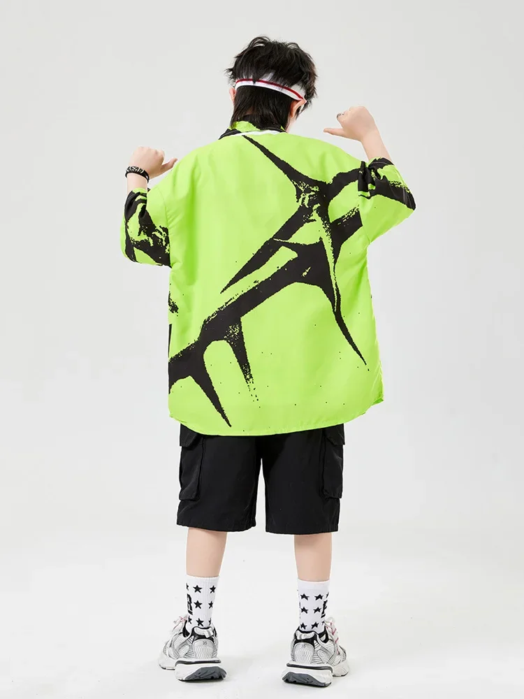 ชาย Hip Hop ชุดเสื้อยืดสีเขียว Street Dance สีดํากางเกงขาสั้นสินค้าหญิง Streetwear เด็กห้องบอลรูมเสื้อผ้าเครื่องแต่งกาย