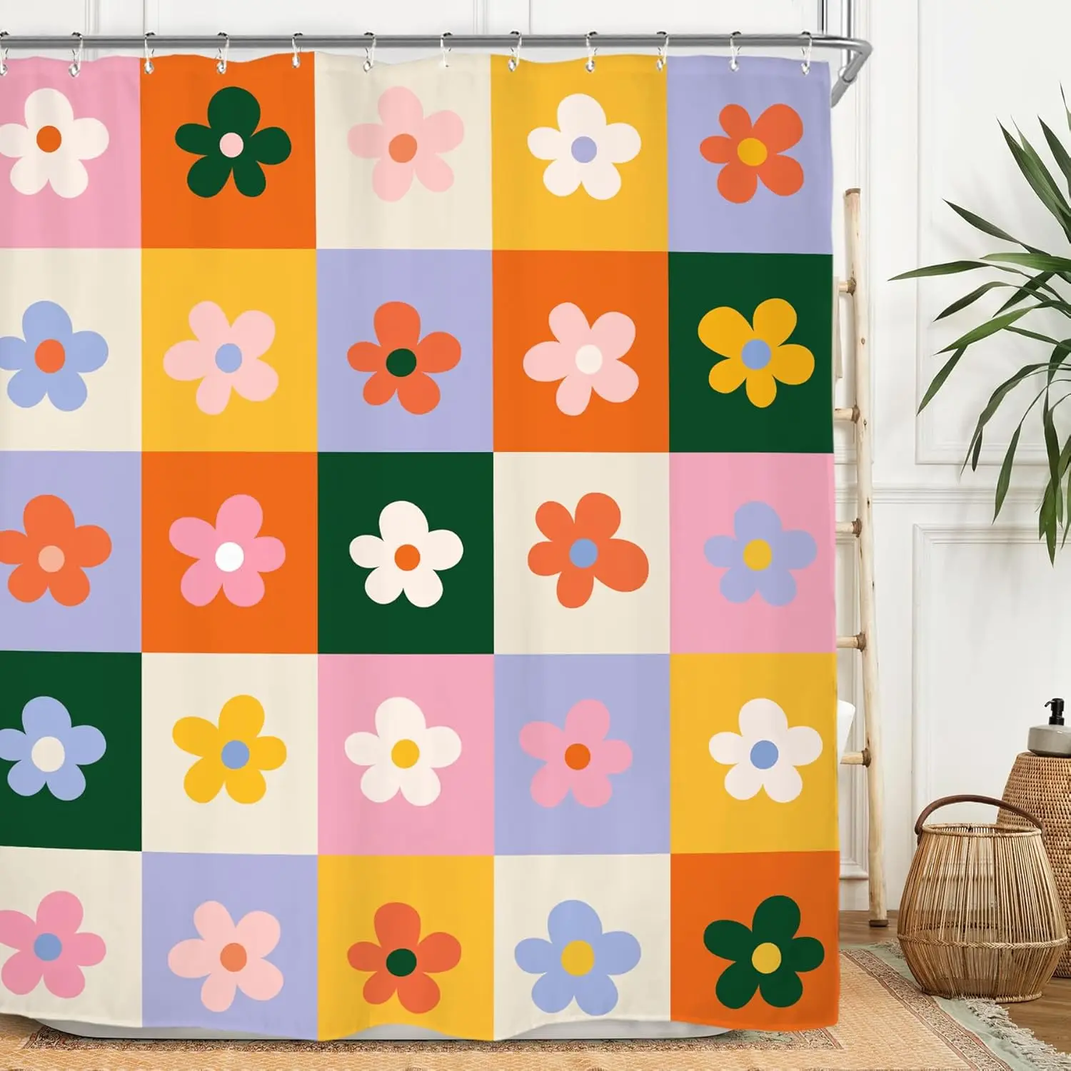 Retro Flower Checkered Shower Curtain Set  Colorful Groovy Aesthetic Funky Trendy Modern Pastel  Bathroom