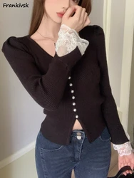 Sweaters Women Lace Slim Elegant French Temperament Panelled All-match Sweet Pearls Leisure Holiday Streetwear Chic V-neck Ins