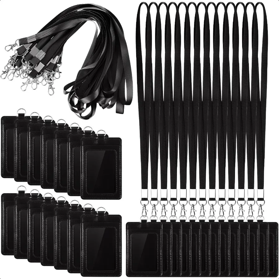 

25 Sets Leather Badge Holders with Lanyards Bulk Graduation Vertical ID Card Holder with Lanyard Detachable Neck Lanyard Black