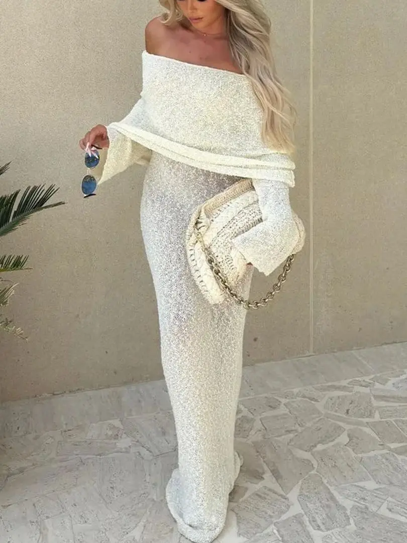 

Elegant Knit Maxi Dress Long Flare Sleeve White Ladies Guest Luxury Off Shoulder Beach Event Party Evening Dress Summer 2024